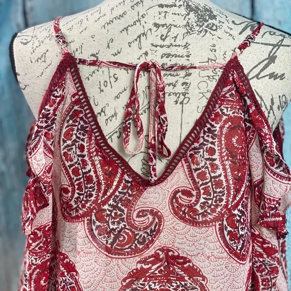 Anthropologie NWT Skies Are Blue Wine Paisley Lattice Cold Shoulder Top
